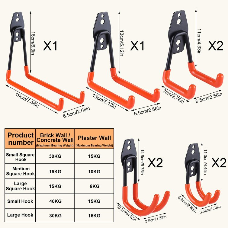 Shed Hooks for Power Tools,Ladders,Bikes,Bulk Items,Hoses and More Equipment Garage Wall Mounted hooks Tool Hangers for Shed Garage Wall Anti Slip Design Assorted Pack of 16 Include 14 Garage Utility hooks and 2 Bike Stroage hooks. 