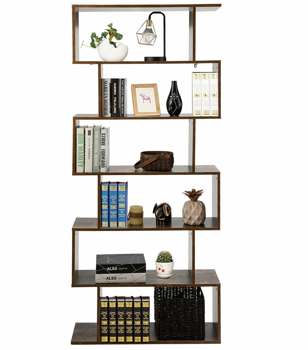 6-Tier Shelf Geometric Bookcase S-Shaped Particle Board Modern Ladder Bookshelf 