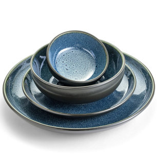 Roscher Aqua Blue Crackle Glaze Stoneware Square Soup/Cereal Bowls SET 4 NEW 