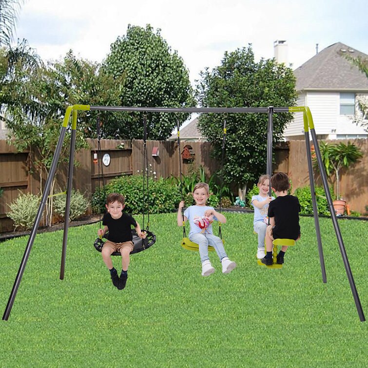 Playground Metal Swing Set Outdoor Play Kids Backyard 4 Seats For Children 3-12 