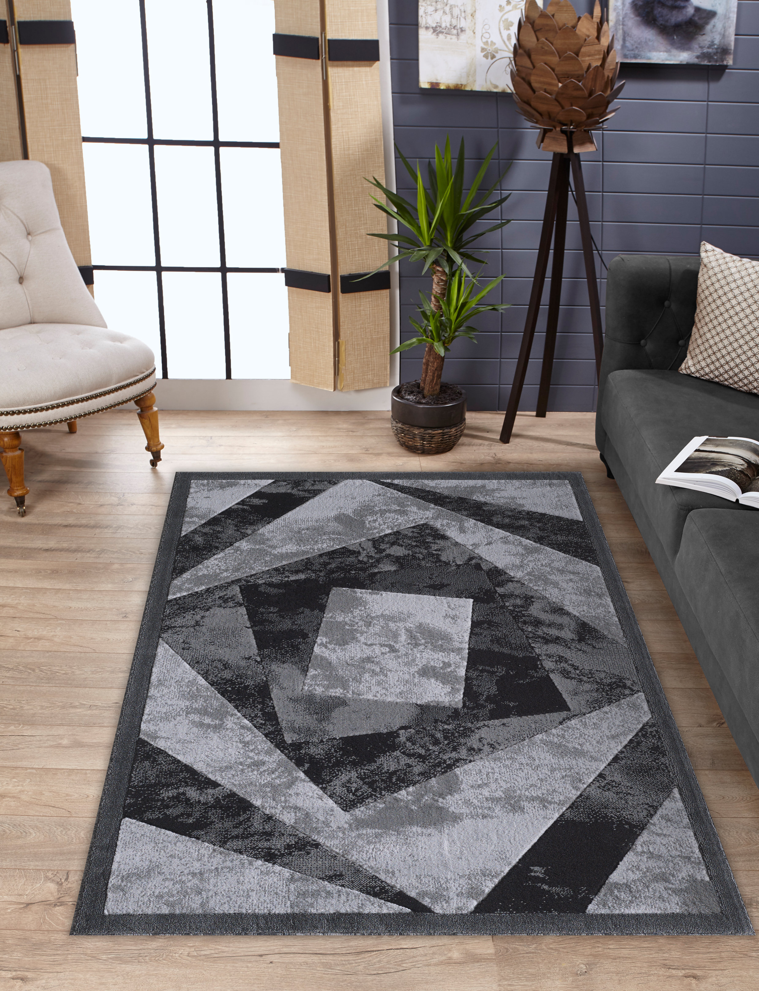 Orren Ellis Tyffani Performance Gray/Black Rug | Wayfair