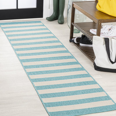 Claren Two-Tone Wide Stripe Indoor/Outdoor Aqua/Cream Rug