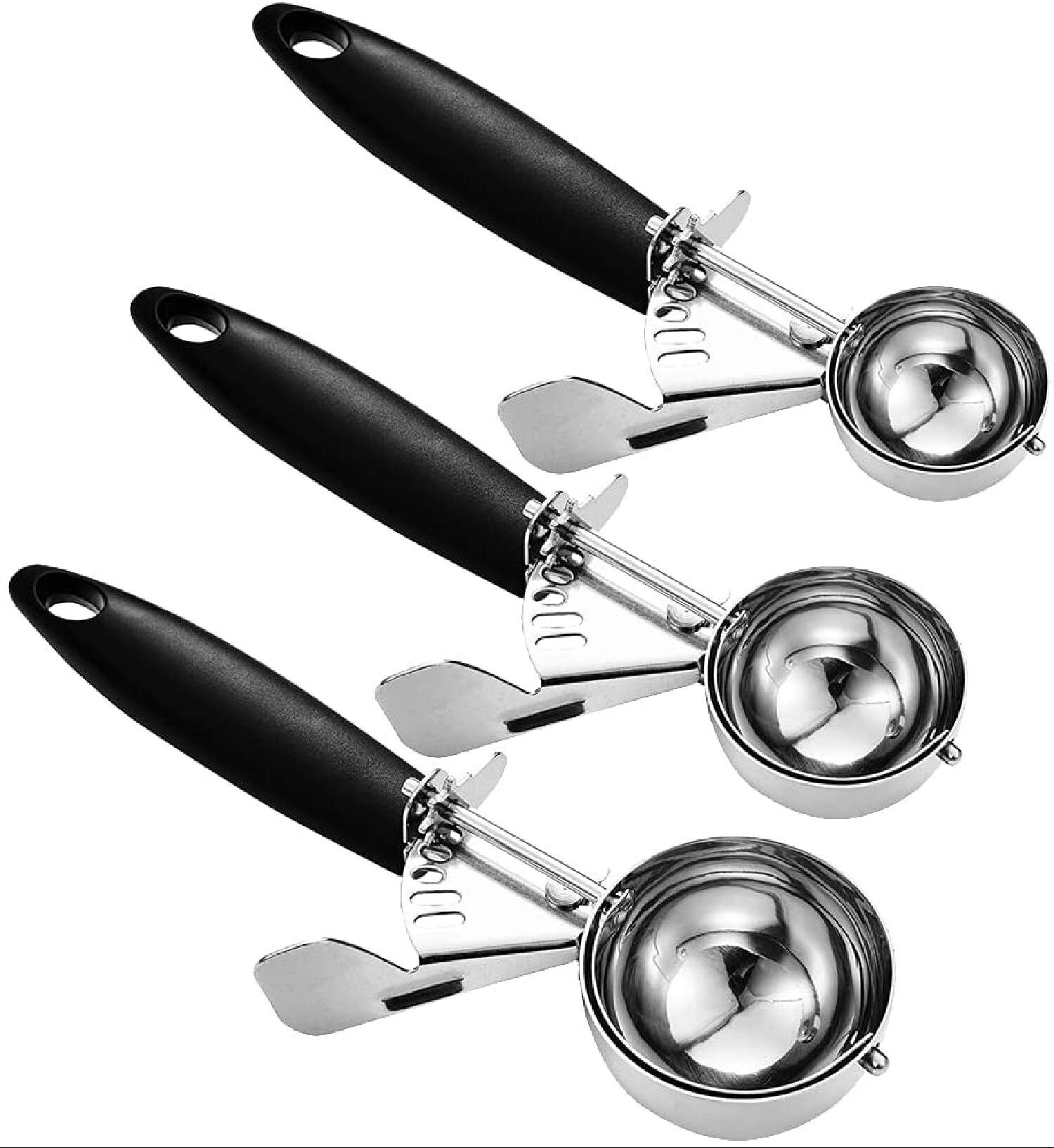 3PC Ice Cream Scoop Food Stainless Steel with Trigger Cookie Spoons Set S+M+L
