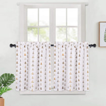 Christmas 3pc Kitchen Curtain set Beige W/ Santa Claus Design 2 Tiers & 1 Swag 