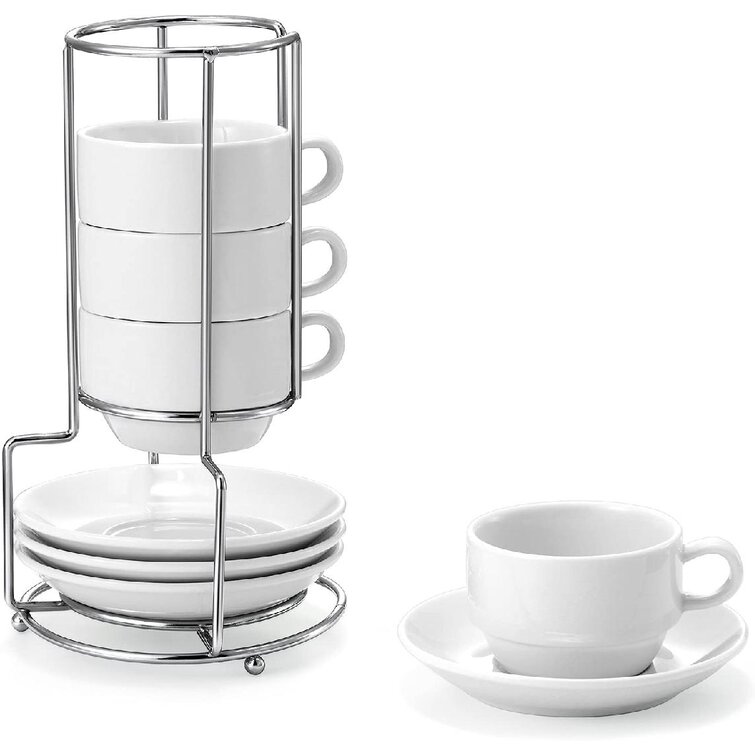 NEW Espresso Cups with Saucers and Metal Stand Porcelain Cup and Saucer Set 