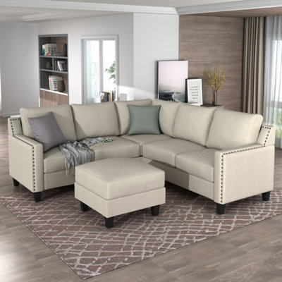 2 Piece Sectional Sofa, L-Shaped Sofa Couch, Living Room Rivet Modern Upholstered Set, With Cushions And Ottoman (Grey) Latitude Run® Fabric: Light Gr