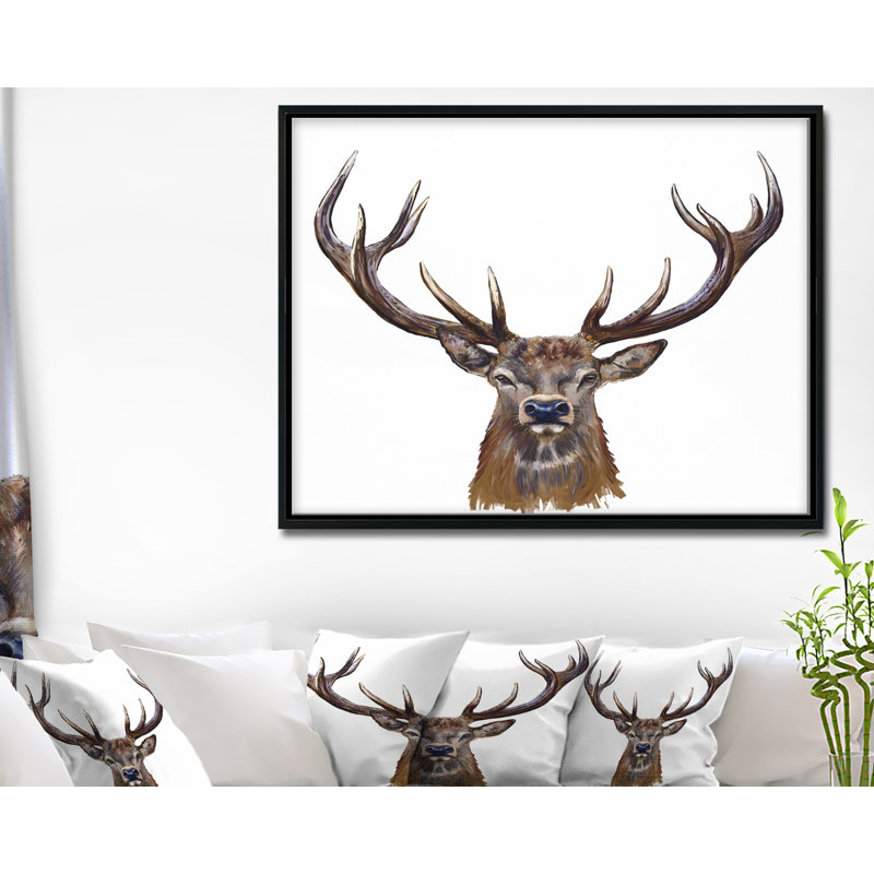 East Urban Home Deer Head In Front Illustration Framed Oil