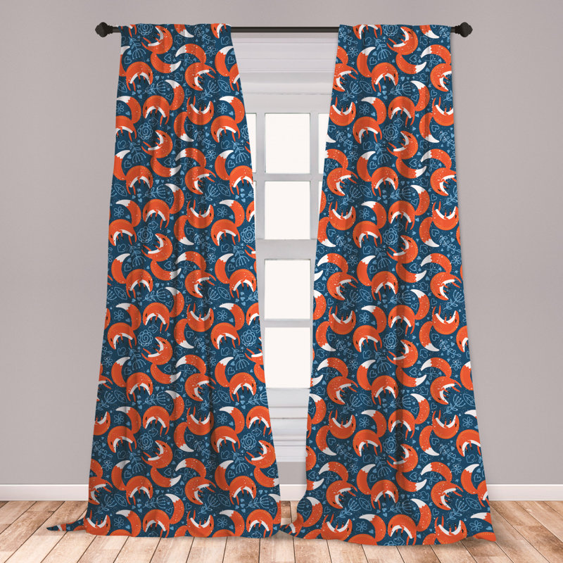 East Urban Home Ambesonne Fox Curtains Doodle Style Flowers And Hearts With Abstract European Forest Animal Pattern Window Treatments 2 Panel Set For Living Room Bedroom Decor 56 X 84 Navy Blue