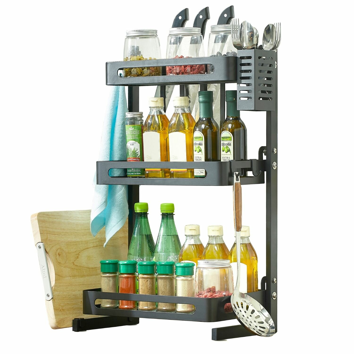 Prep Savour 3 Tier Spice Rack Kitchen Countertop Storage Organizer With Stainless Steel Corner Shelf For Seasoning Spice Jars Bottle Knife Utensils Holder Hooks Black Wayfair Ca