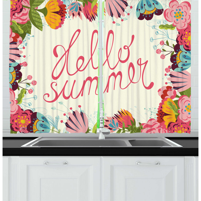 East Urban Home 2 Piece Wildflower Pinkish Hello Summer Lettering With Botanical Flowers Frame Garden Art Kitchen Curtain Set Wayfair