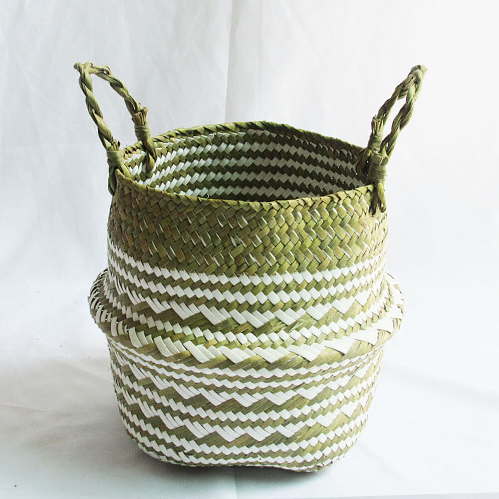Foldable Seagrass Belly Woven Basket Flower Plant Pots Storage Bag Home Garden 