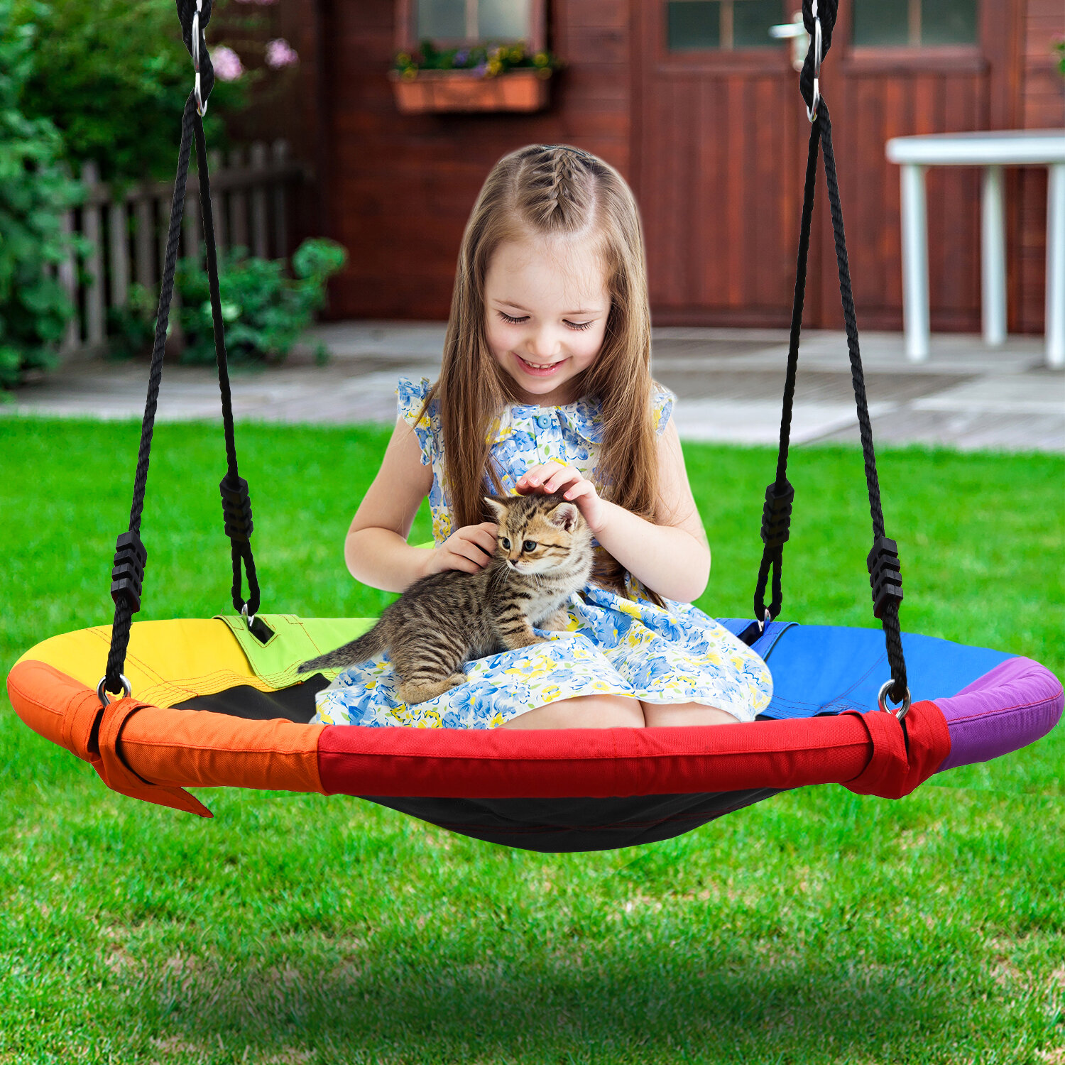 Colourful Saucer Tree Swing for Kids Indoor Outdoor,40 Round Swing with Hanging Kit,700 lbs Weight Capacity,Adjustable Multi-Strand Ropes,Great for Tree,Swing Set,Backyard,Playground,Easy to Install