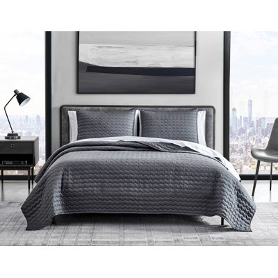 Vera Wang Herringbone Stitch Cotton Charcoal Quilt Set 