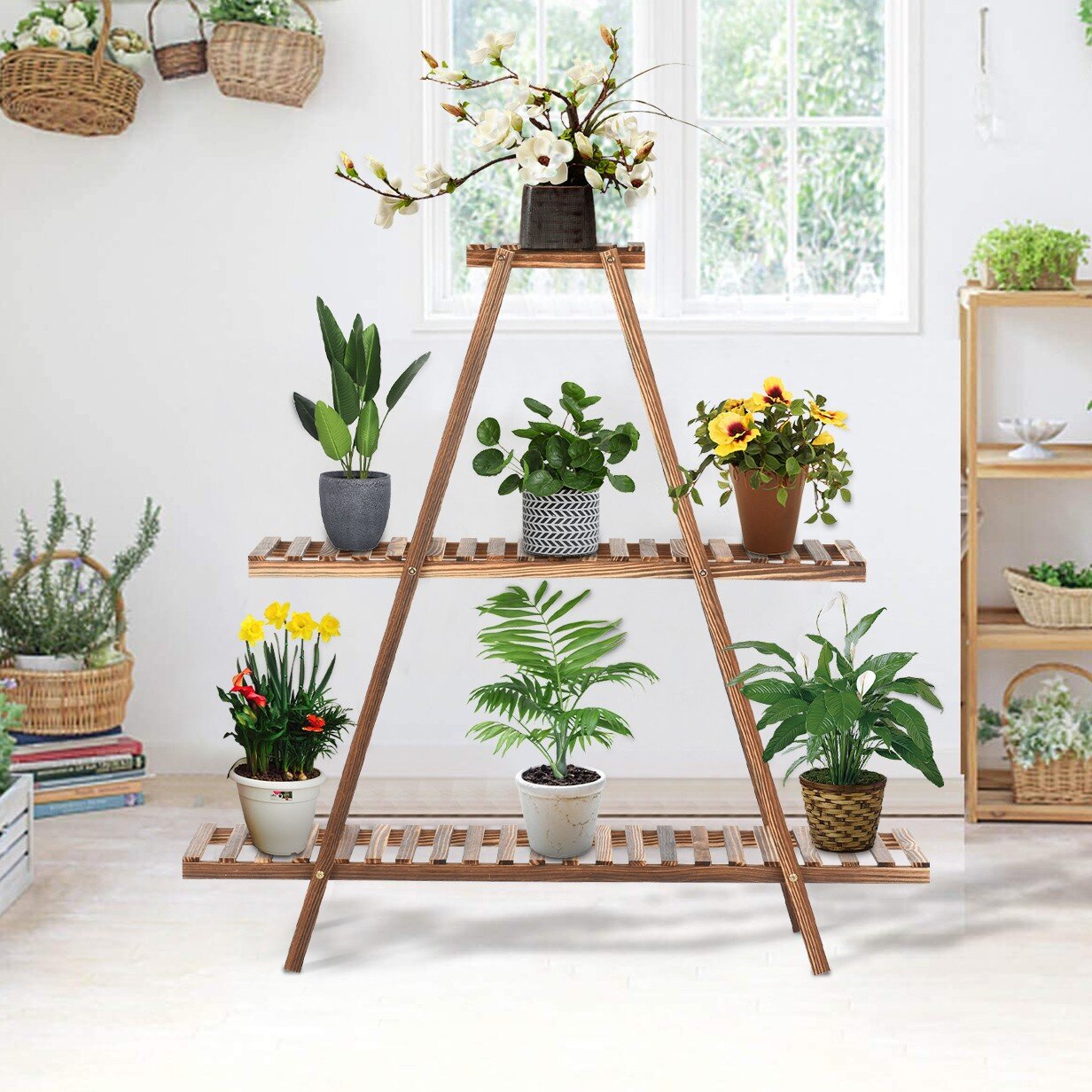 Plant Stand Wooden 3 Tier Support Decoration for Indoor or Outdoor Flower Shelf Durable Stable Plant Display Rack