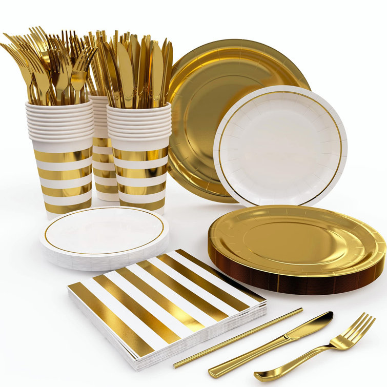 white and gold paper plates
