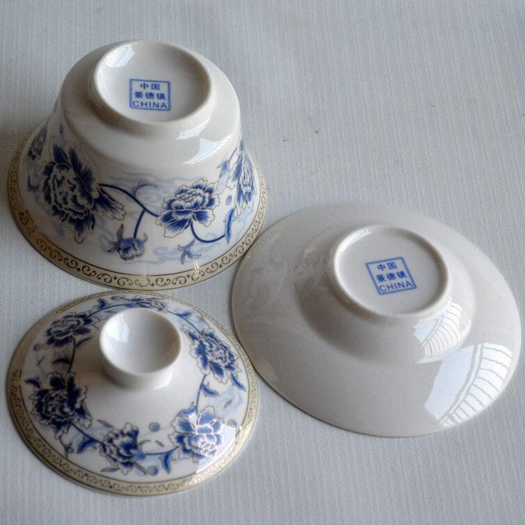 200ml Blue silk peony Chinese Porcelain Teacups 6.7oz Gaiwan Flower Tureen Tradition Sancai Cover Bowl Lip Cup Saucer Tea Set for Dry fruit Loose tea Espresso 
