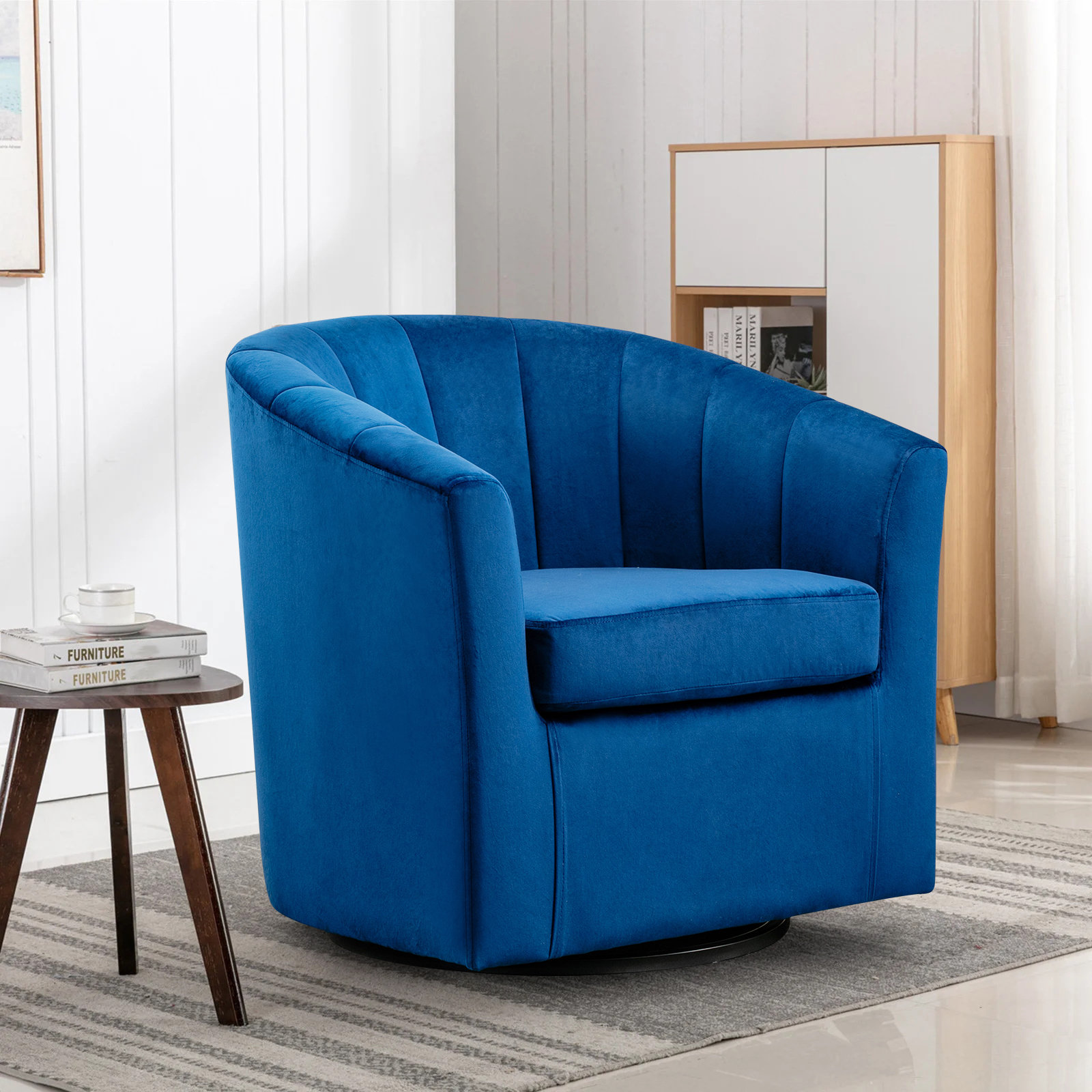 wide tufted swivel barrel chair