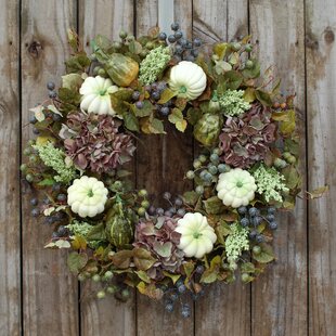 Autumn Hydrangea Gooseberry Pumpkins And Fall Leaves Front Door Silk Wreath