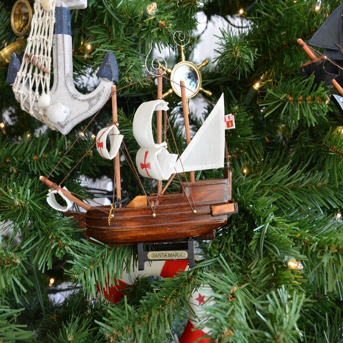 by Kurt Adler Set of 2 SCHOONER Wooden Ship Christmas Ornaments 