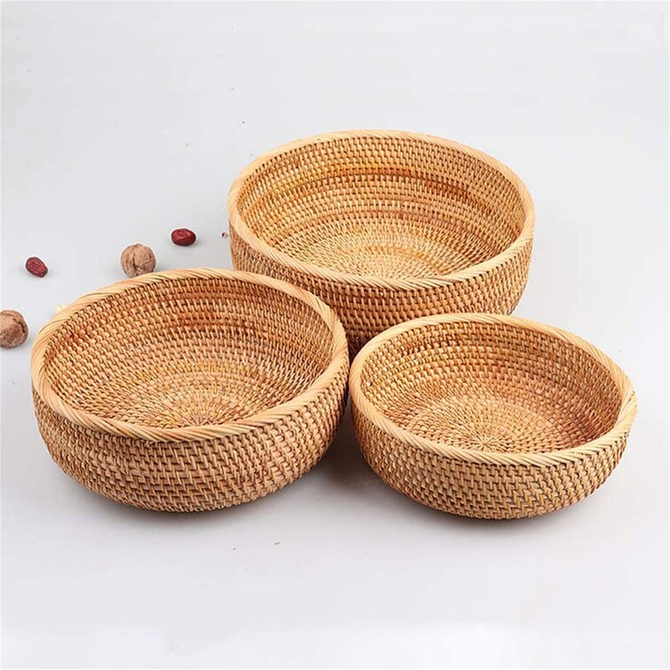 Rattan Storage Tray Round Basket Hand-Woven Home Decor Fruit Bread Food Display