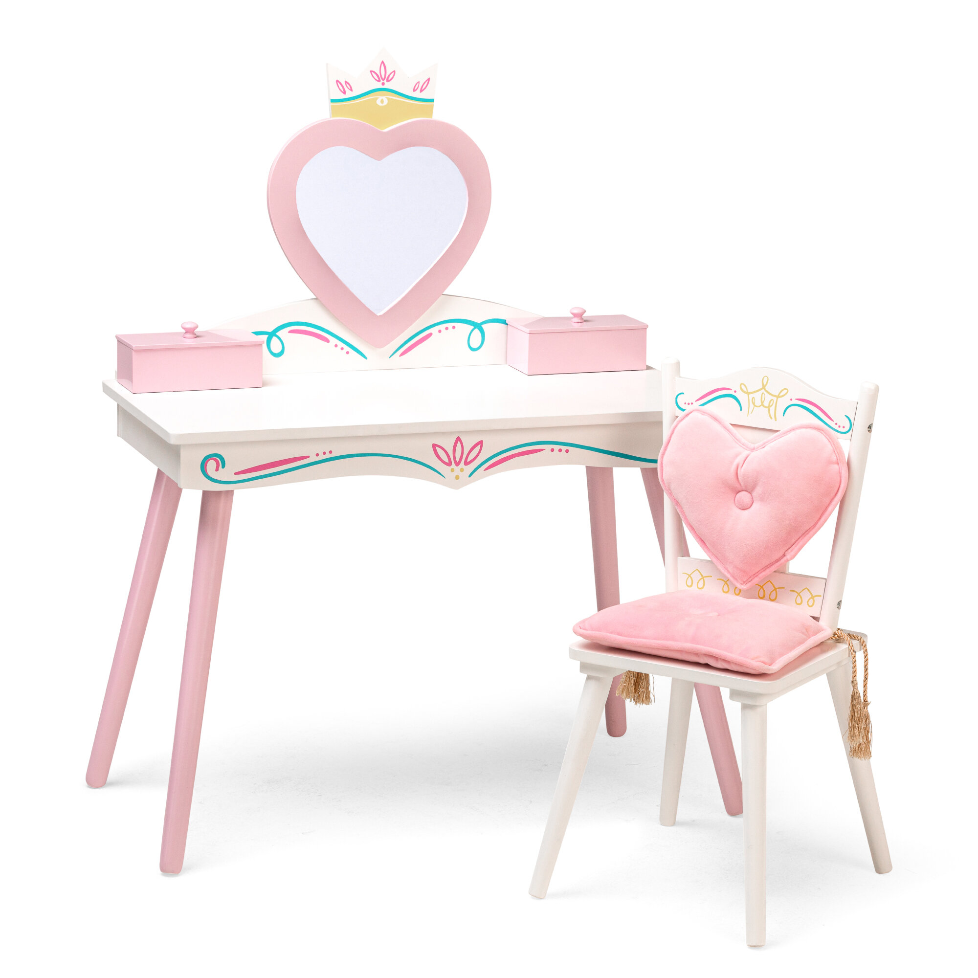 White Features Heart-Shaped Mirror Wildkin Princess Vanity Table & Chair Set and Removable Plush Seat Cushions Two Jewelry Boxes Perfect for the Little Princess in Your Life