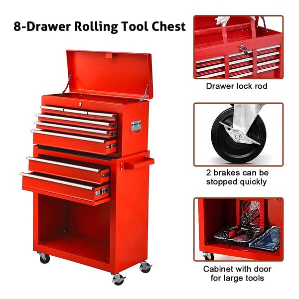 8-Drawer Rolling Tool Chest High Capacity Tool Storage Cabinet on Wheels 2 in 1 Detachable Tool Chest with Drawers and Lock Portable Tool Box Organizer for Mechanic Garage and Warehouse 