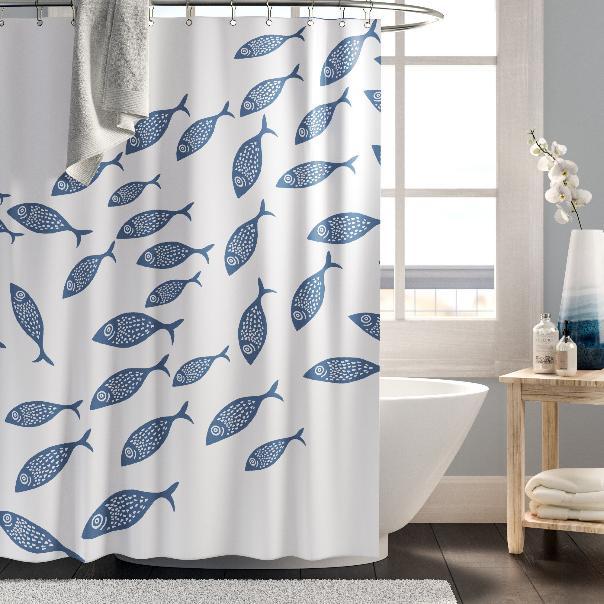 Colored Cartoon Sea Creatures Fish Flower Bathroom Fabric Shower Curtain Set 