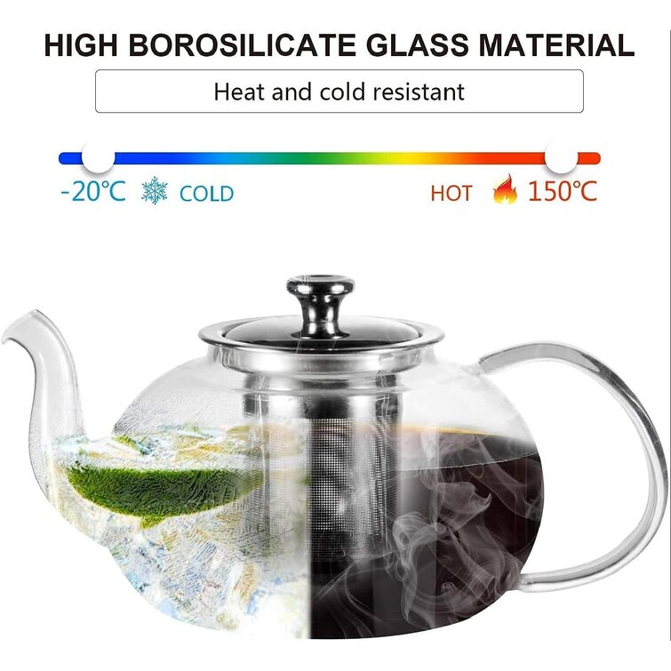 Stovetop Safe Kettle Clear Borosilicate Glass Tea Pot Teapot Set with Infuser 6 Small Extra Double Wall Tea Cups Removable Stainless Steel Strainer for Loose Tea