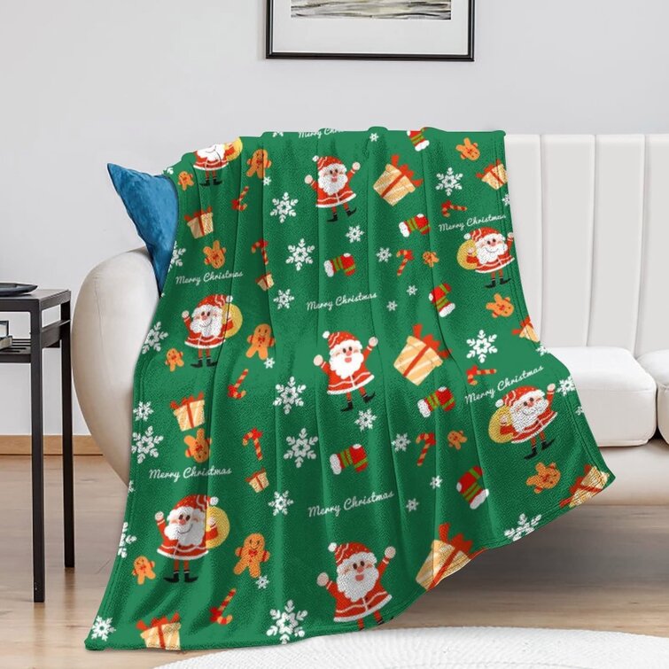 Christmas Decoration Reindeers and Bells Green Red Gold Deer Soft Micro ​Fleece Blanket Home Decor Warm Anti Pilling Flannel 50x60 Throw Blanket for Couch Bed Sofa