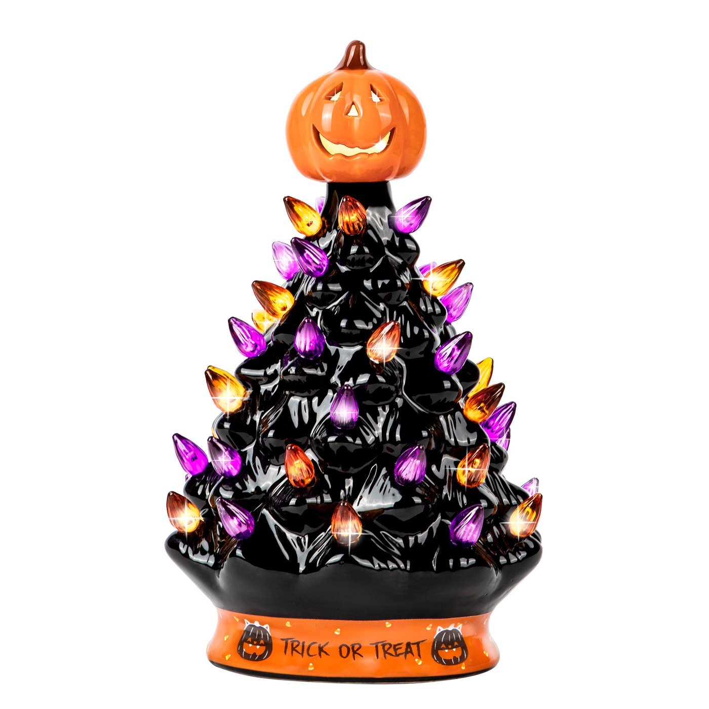 Best Choice Products Pre-Lit 15in Ceramic Tabletop Halloween Tree Holiday Decoration w/Orange & Purple Bulb Lights 