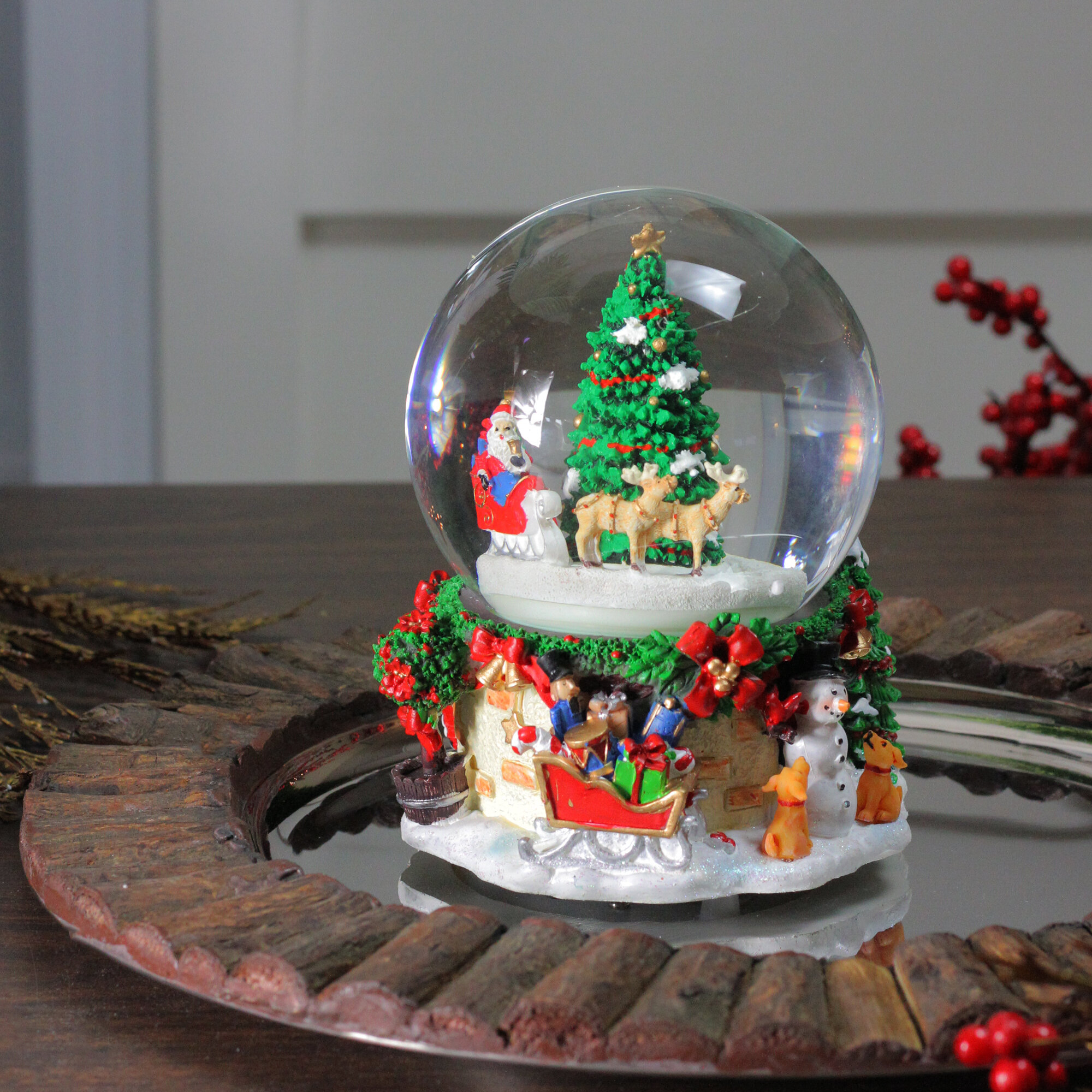 Snowman with Santa 31cm Tall tinsel time LED Musical Santa/Snowman Figure Snow Globe with Festive Scene Battery or Mains Operated Water Filled with Glittering Effect 