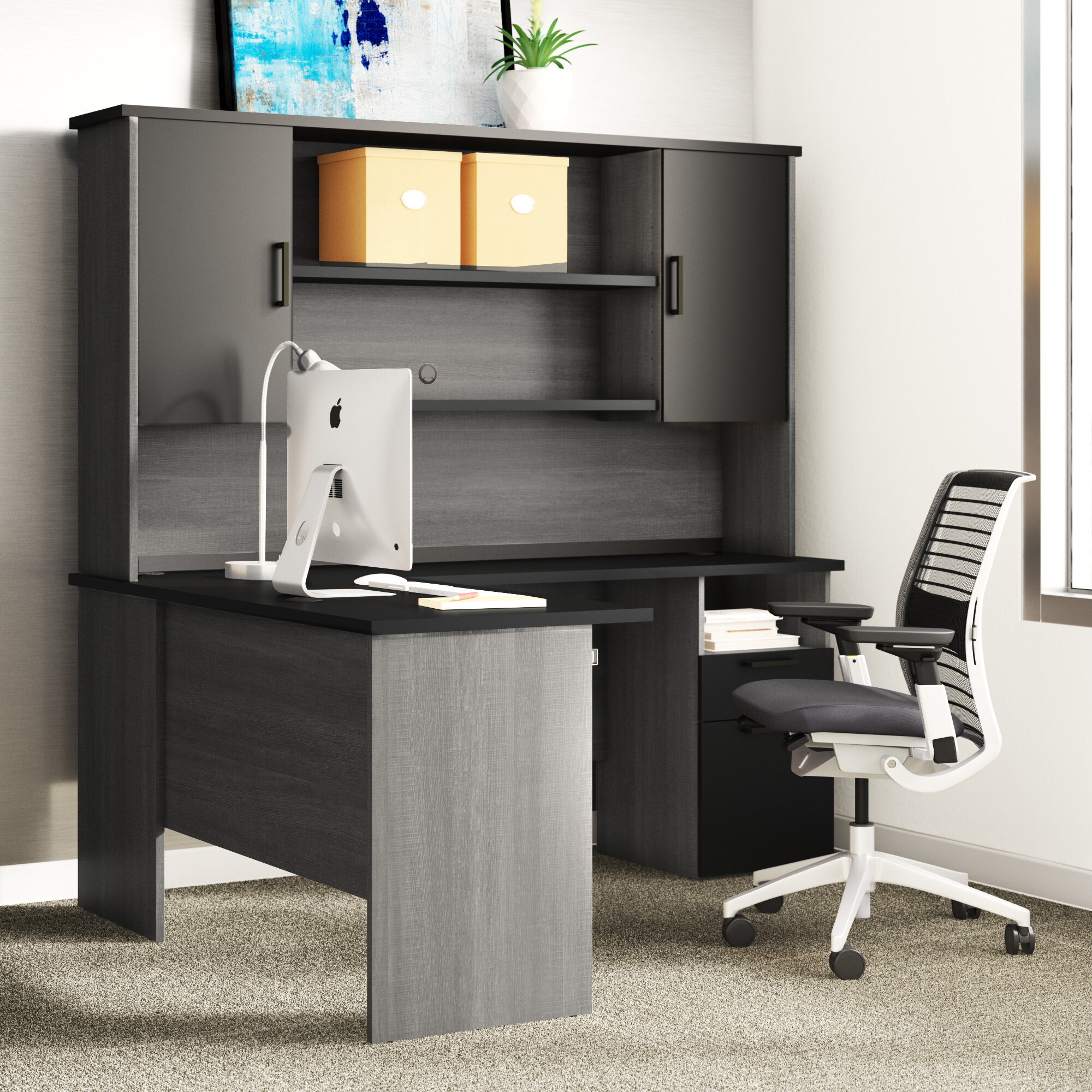 small office desk with hutch