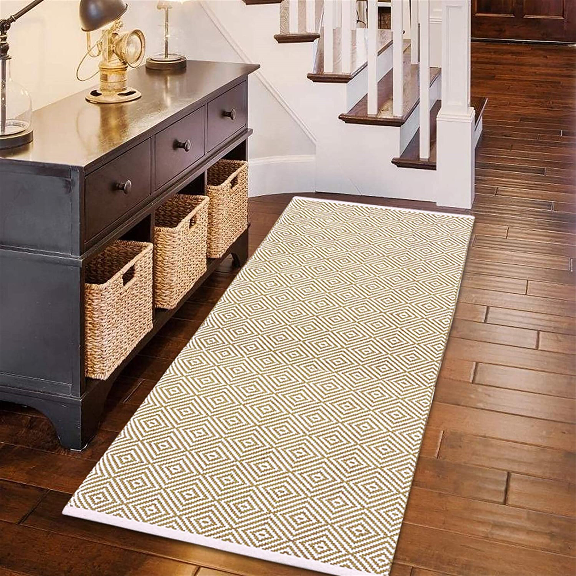 Cream Geometric Rug Eco Friendly Recycled Cotton Sustainable Indoor Runner Mat