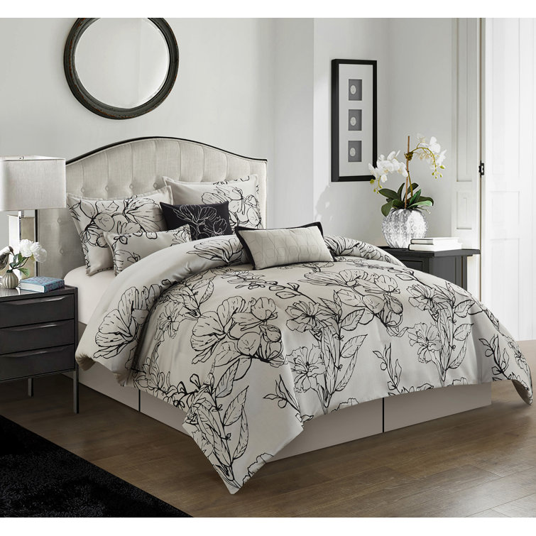 Ebern Designs Lailah Silver Black Floral Print Microfiber 7 Piece Comforter Set Reviews Wayfair