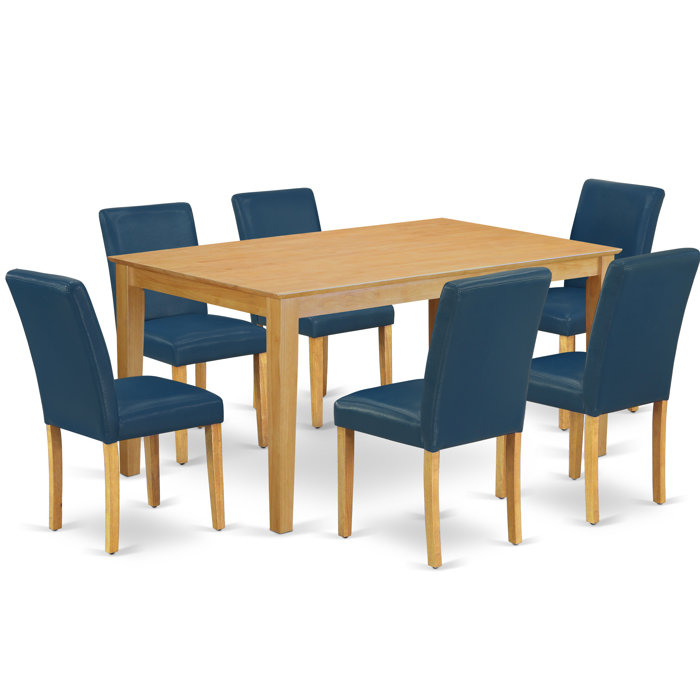 36cc57fe2c144a8590fc9c1e7091921d 7pc Rectangle 60 Inch Dining Table And 6 Parson Chair With Linen White Leg Pu Leather Colour