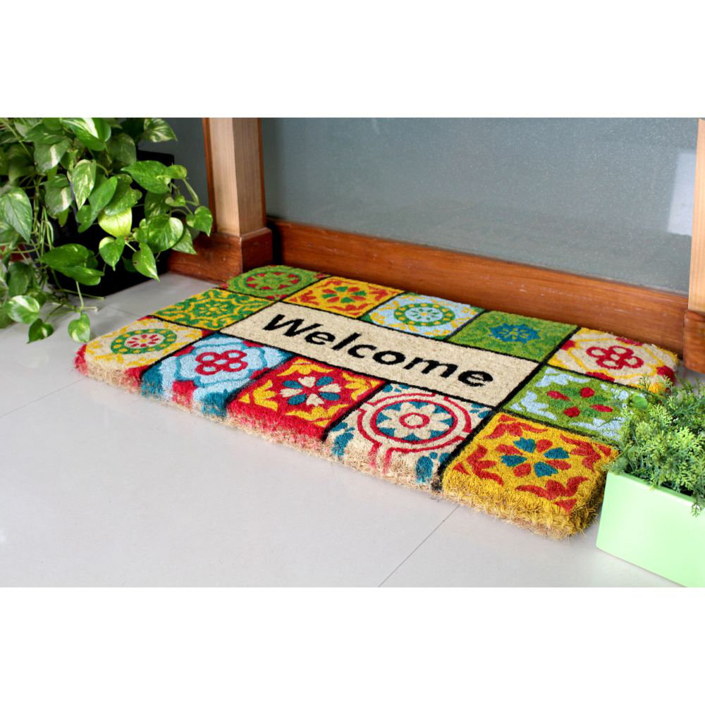 Latitude Run Sinkler Handloom Woven And Printed Welcome Folk Tile Rubber 30 In X 18 In Non Slip Outdoor Door Mat Reviews Wayfair