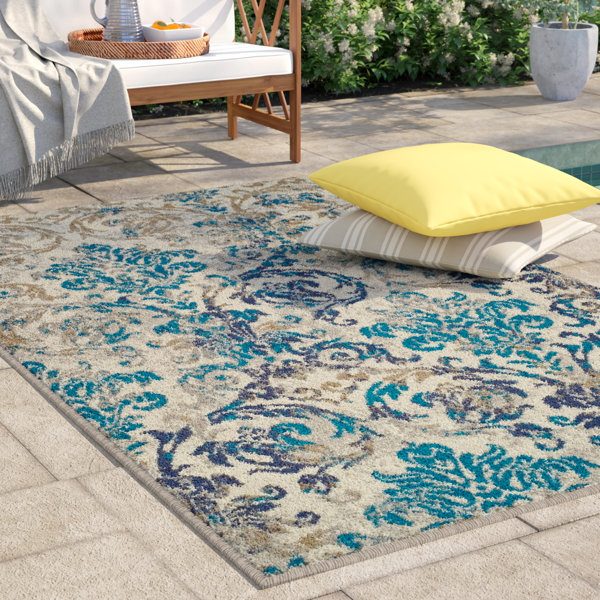 House of Hampton® Dashamira Damask Indoor / Outdoor Area Rug in Blue ...