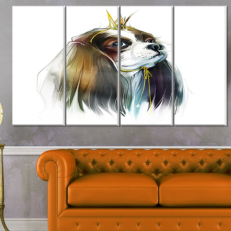 Designart Cute Little Dog In Crown 4 Piece Painting Print On