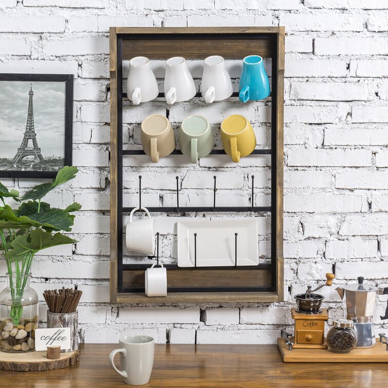 6-Pc Wall-Mounted Coffee Mug Rack & Basket Metal Storage Set Kitchen Home Decor 