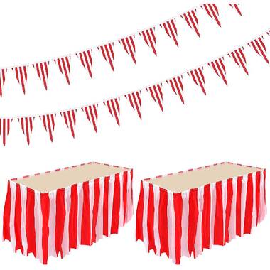 Red and White Striped Table Skirt, Plastic Carnival Banner with 10 Red Balloons and 10 White Balloons Carnival Circus Party Supplies Decorations