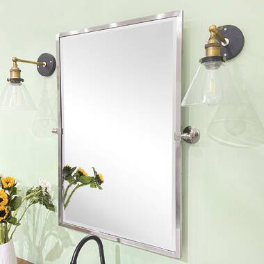 TEHOME 28.5 x 36 inch Brushed Nickel Metal Framed Pivot Rectangle Bathroom Mirror in Stainless Steel Tilting Beveled Vanity Mirrors for Wall