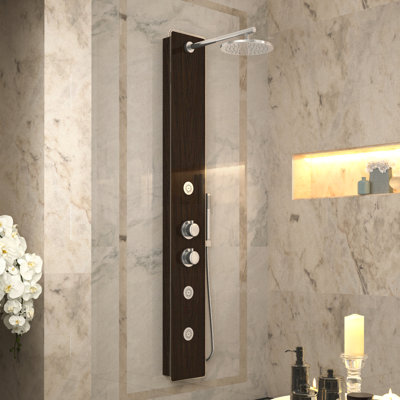Pure Full Body Shower Panel System with Heavy Rain Shower and Spray Wand in Mahogany Style Deco-Glass