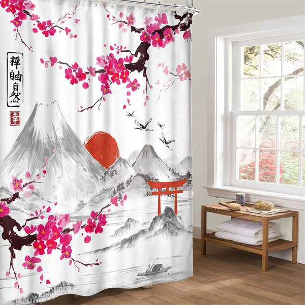 Japanese Fuji Mountain and Flower Shower Curtain for Bathroom Home Curtain 71" 