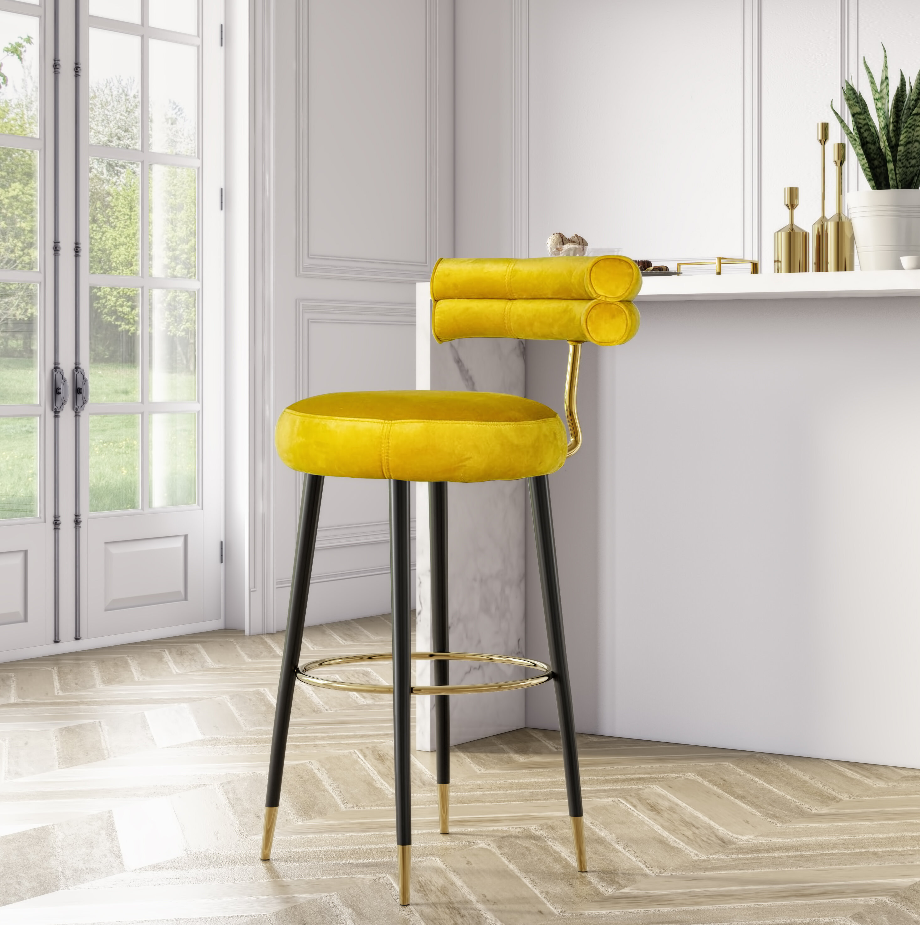 yellow and grey bar stools