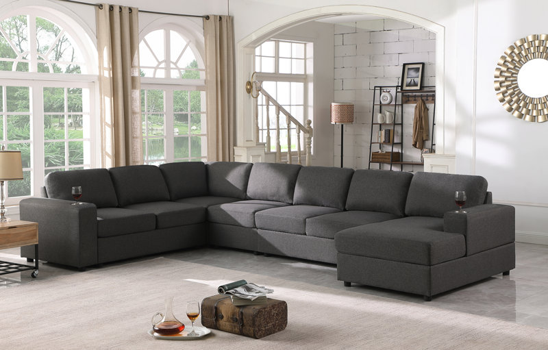 (incomplete box 2 of 5) Redwater 146.5" Wide Right Hand Facing Modular Sofa & Chaise Fabric: Dark Gray Linen Blend