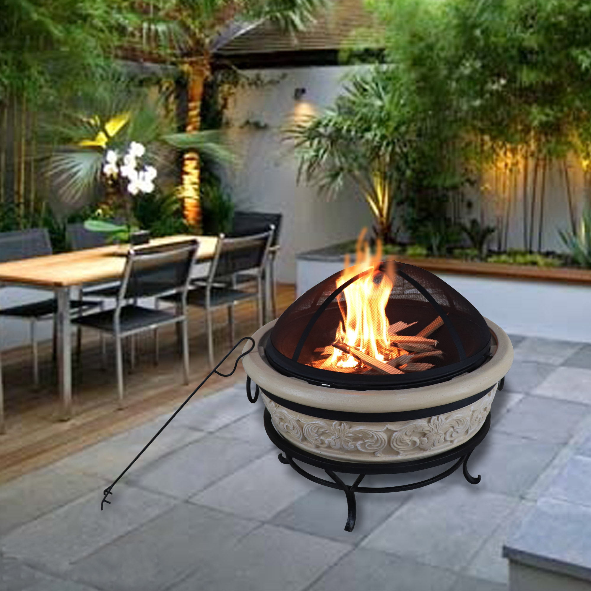 Ebern Designs Jessamy Round Intricate Design Concrete Wood Burning