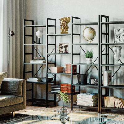 Maziah Bookcases And Bookshelves Triple Wide 5 Tiers Industrial Bookshelf, Large Etagere Bookshelf Open Display Shelves With Metal Frame For Living Room Bedroom Home Office