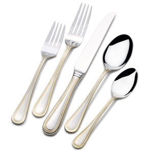 65 Piece Gold Accent Euro Beadu00a018/10 Stainless Steel Flatware Set