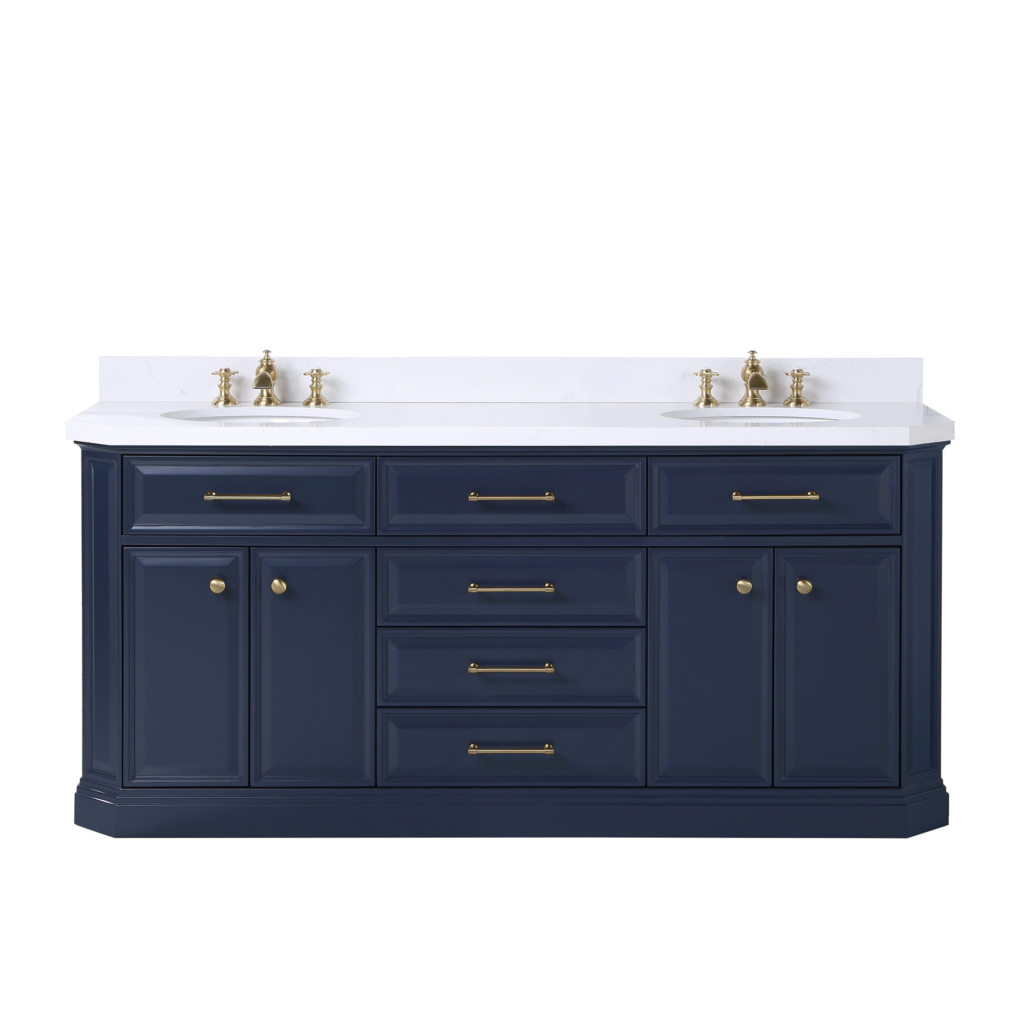 Gold Flamingo Caius 72 In Double Sink White Quartz Countertop Vanity In Monarch Blue With Waterfall Faucets Wayfair