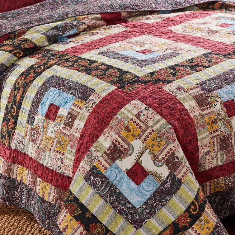 RED BROWN COTTON 8 POINT FLORAL FARMHOUSE HEIRLOOM STAR Full Queen QUILT SET